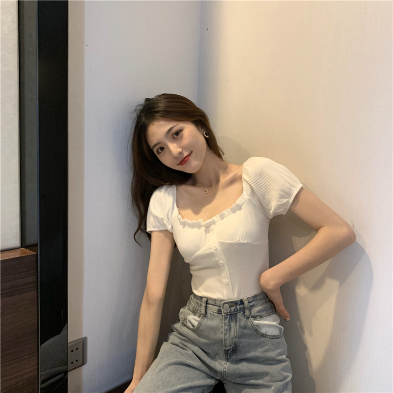 Slim tight V-neck tops flat shoulder sweet T-shirt