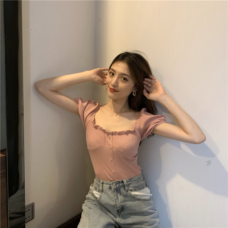 Slim tight V-neck tops flat shoulder sweet T-shirt