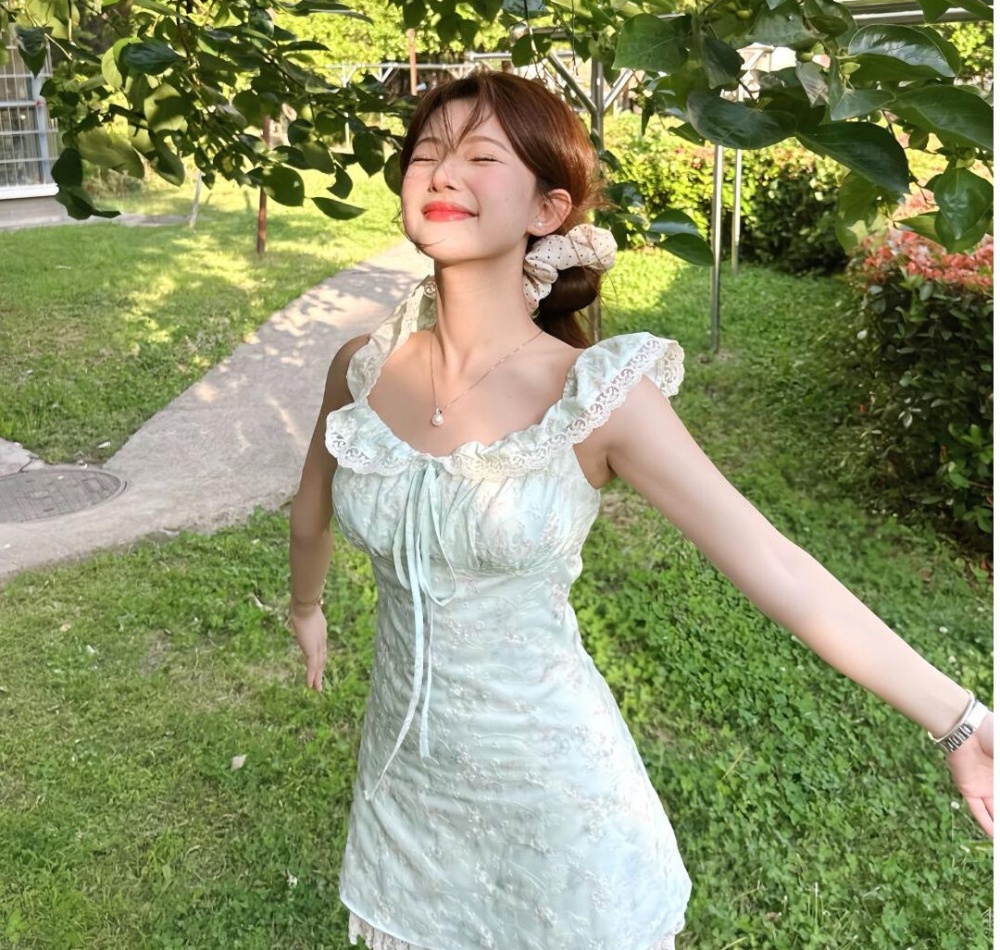 Pinched waist summer dress sweet sling T-back for women