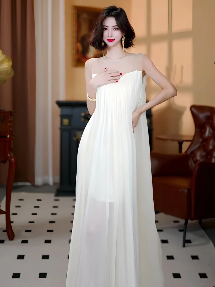 Splice temperament white long dress ladies gauze dress