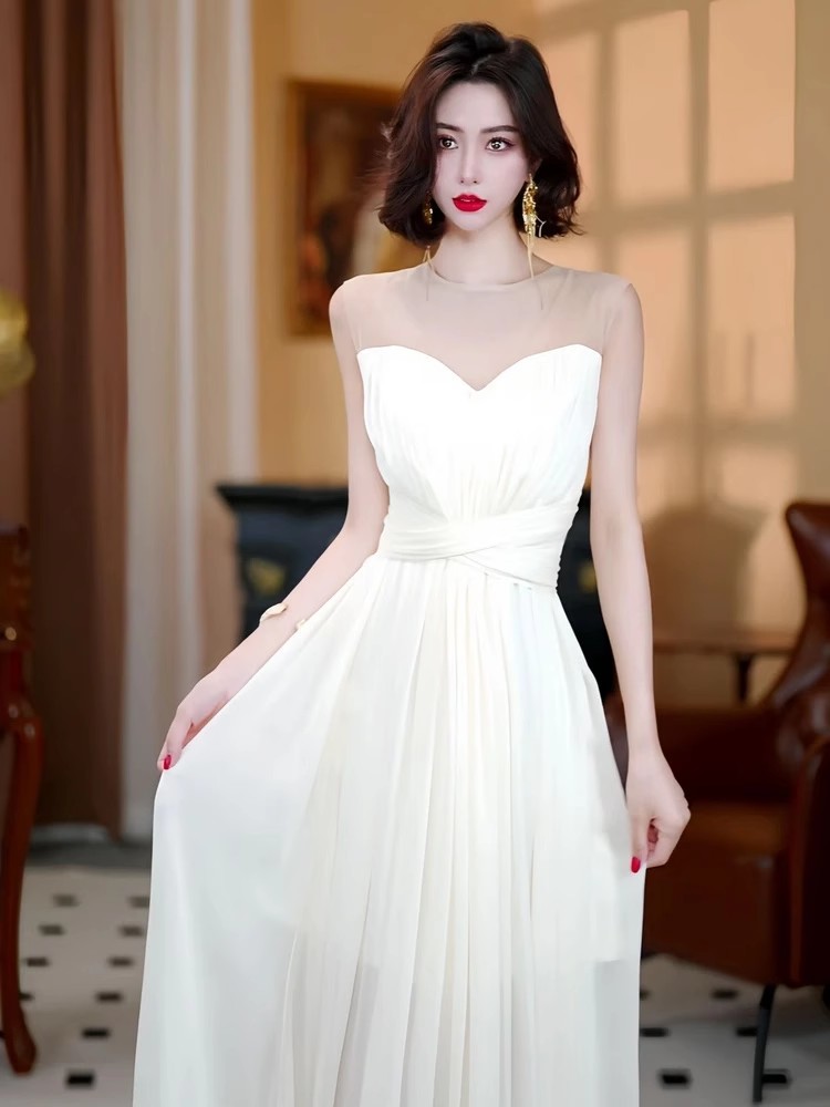 Splice temperament white long dress ladies gauze dress