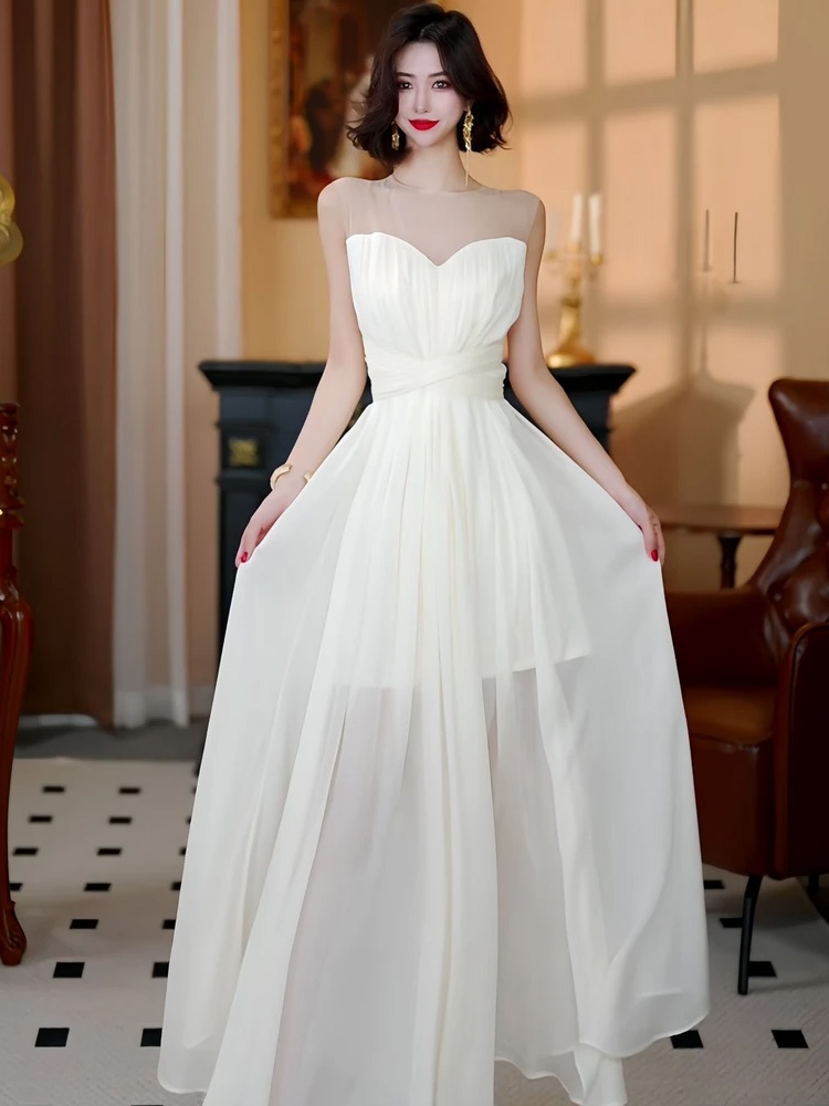Splice temperament white long dress ladies gauze dress