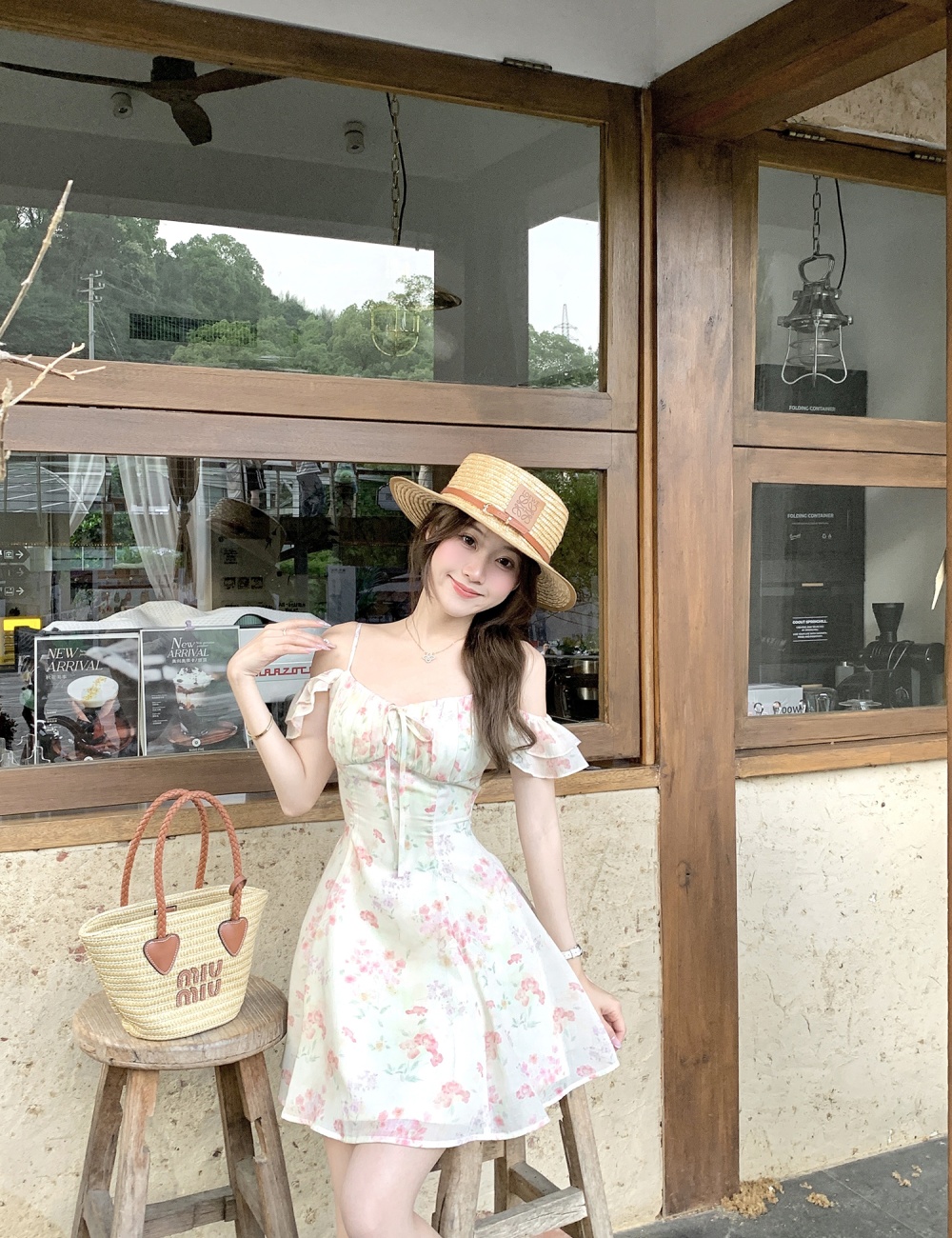 Flat shoulder France style boats sleeve dress for women