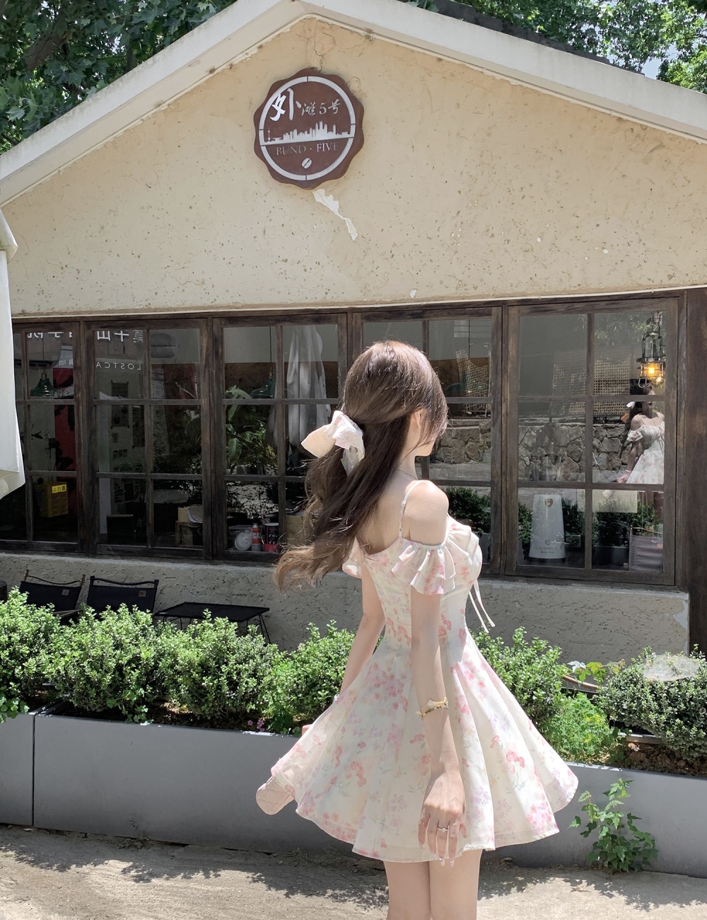 Flat shoulder France style boats sleeve dress for women