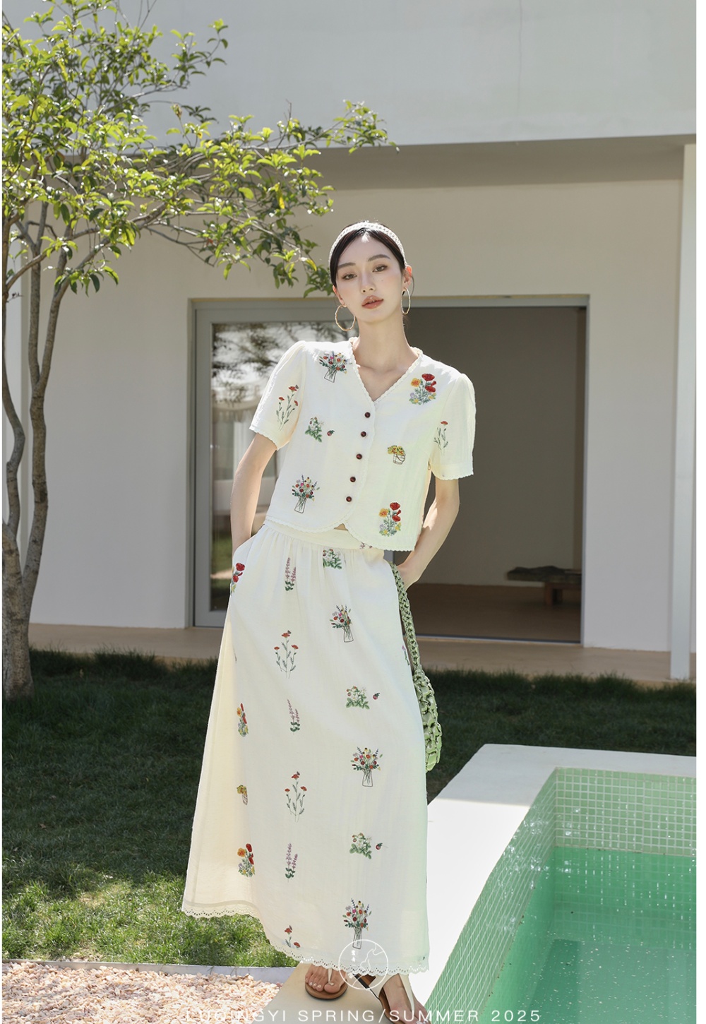 Embroidered flax T-shirt lazy skirt a set for women