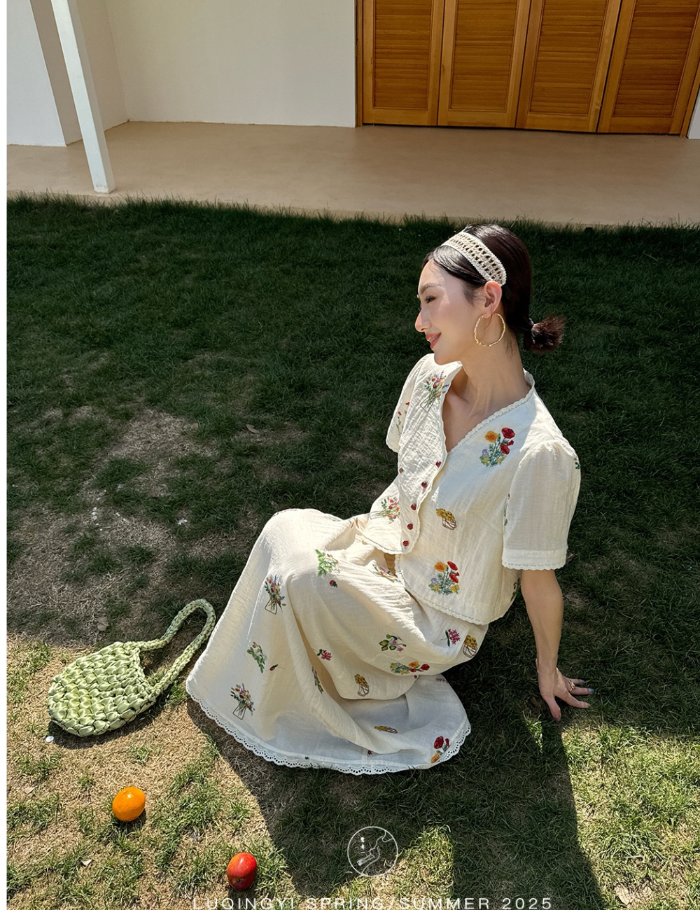 Embroidered flax T-shirt lazy skirt a set for women