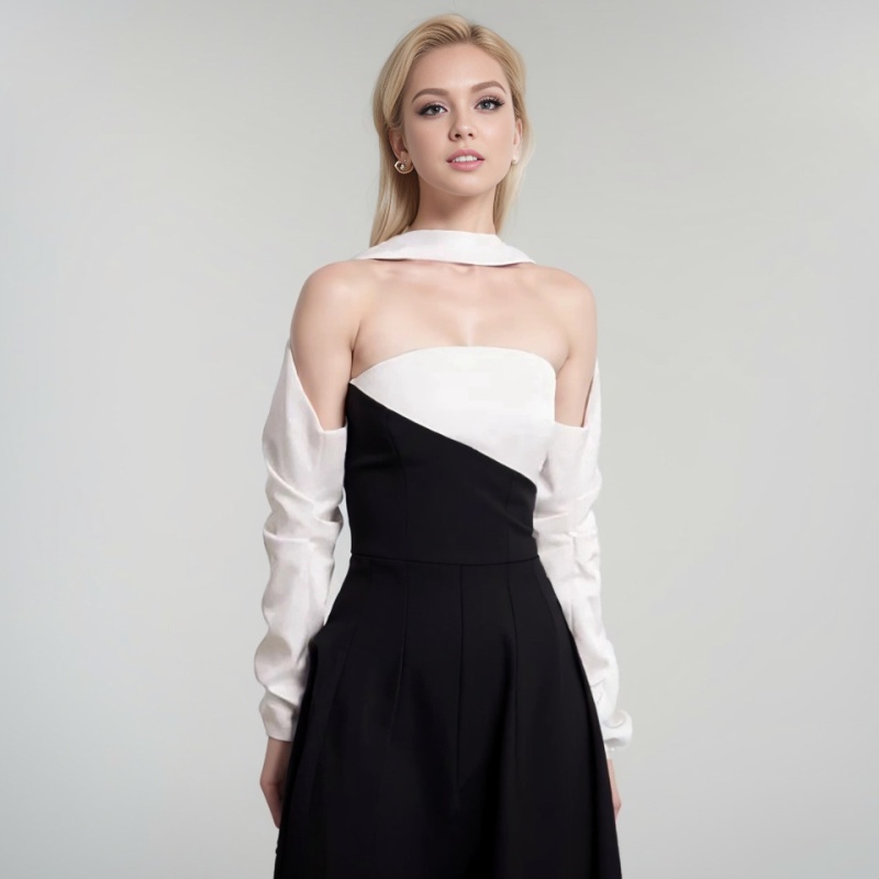Temperament mixed colors splice spring wrapped chest dress
