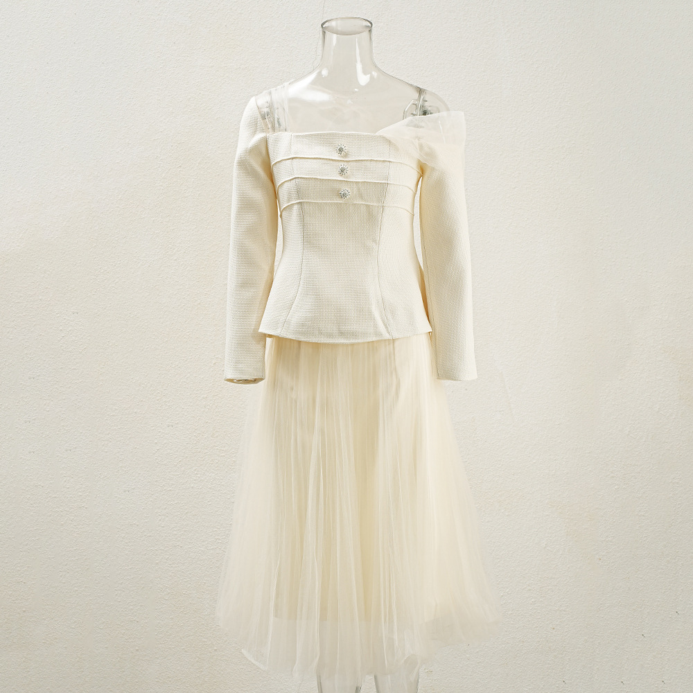 Long sleeve gauze tops temperament skirt 2pcs set