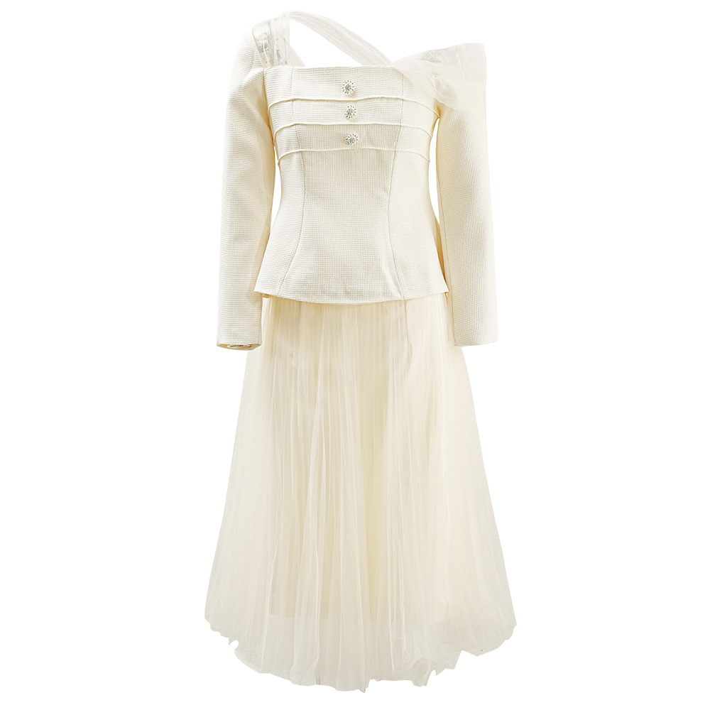 Long sleeve gauze tops temperament skirt 2pcs set
