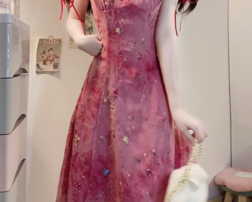 Summer tie dye sandy beach dress rose-red seaside long dress