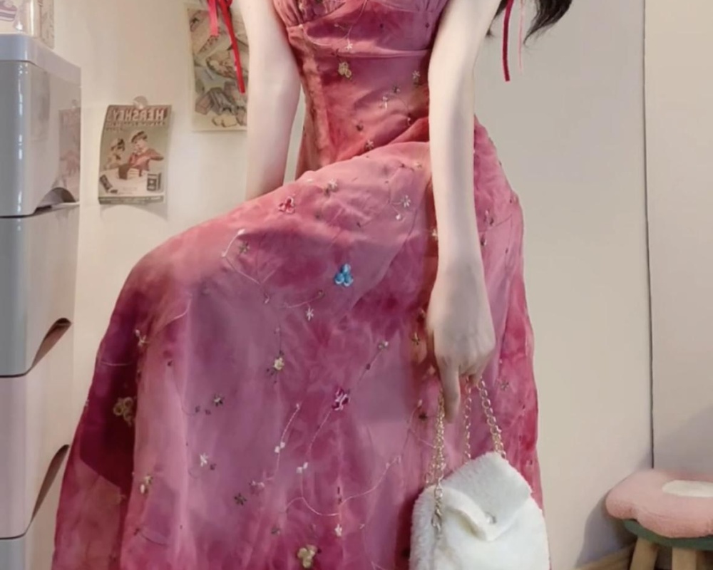 Summer tie dye sandy beach dress rose-red seaside long dress