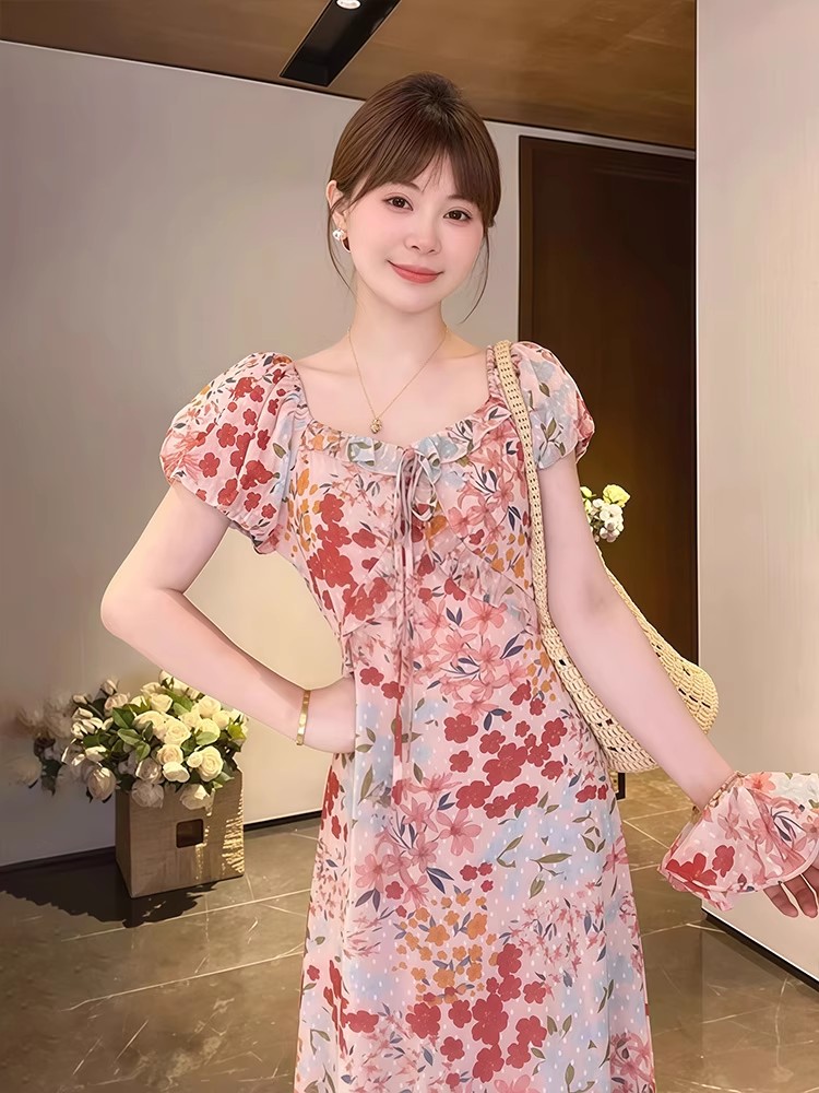Summer A-line long dress square collar dress for women