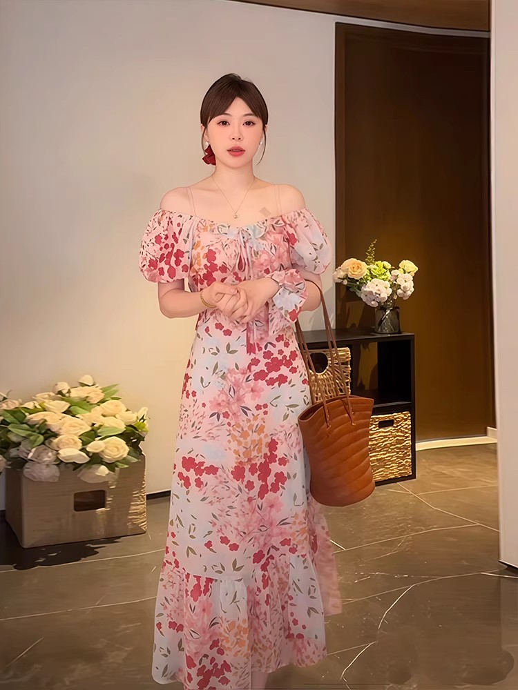 Summer A-line long dress square collar dress for women
