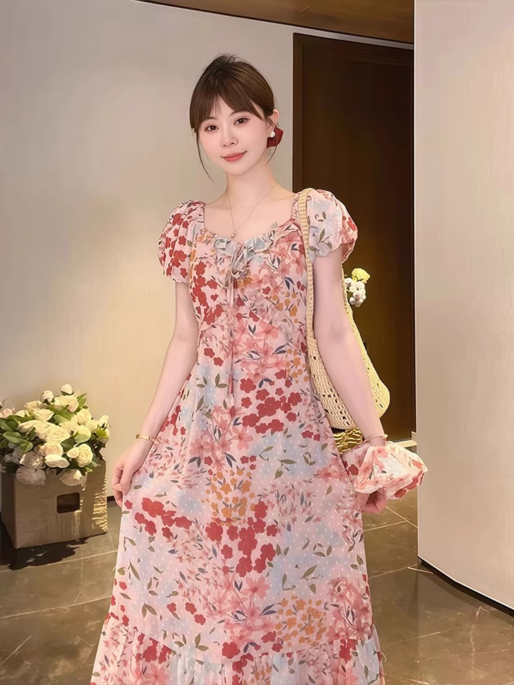 Summer A-line long dress square collar dress for women