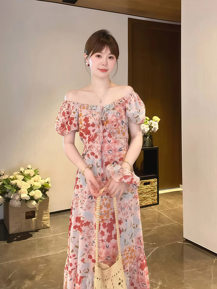 Summer A-line long dress square collar dress for women