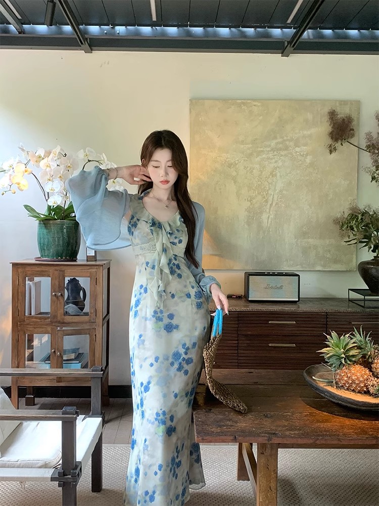 Temperament slim dress retro long dress a set for women