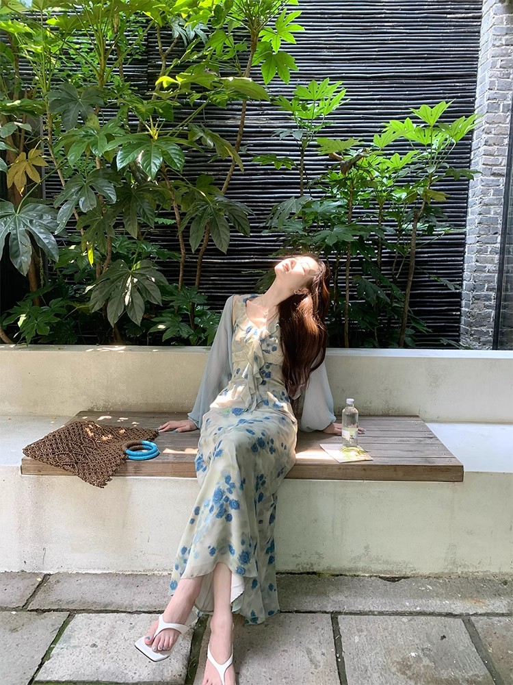 Temperament slim dress retro long dress a set for women