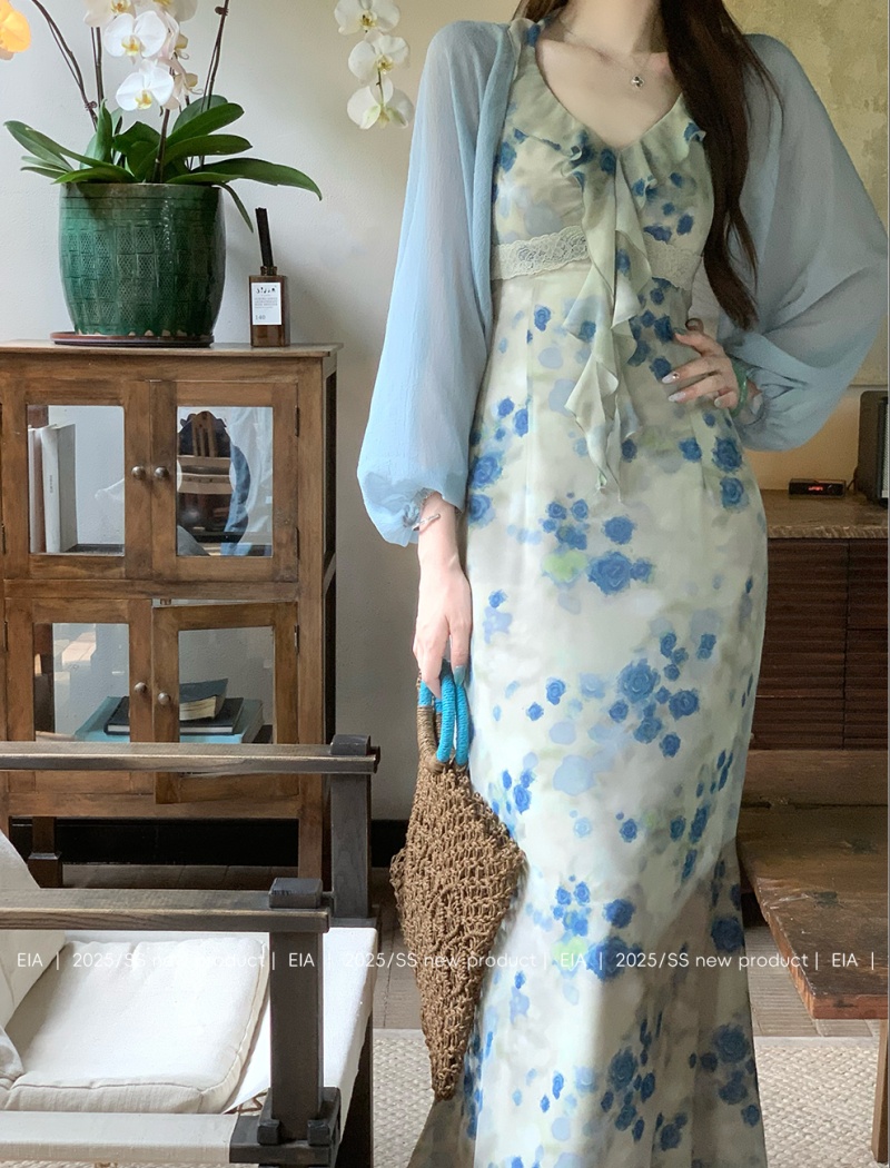 Temperament slim dress retro long dress a set for women