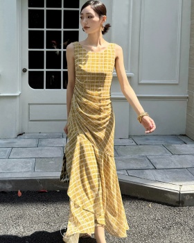 Retro plaid chiffon vest sling printing dress