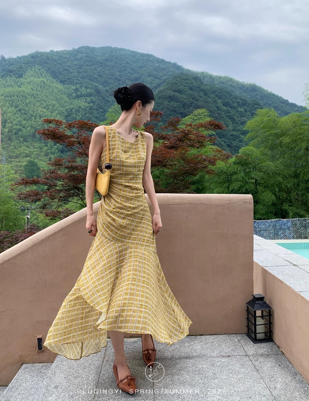 Retro plaid chiffon vest sling printing dress