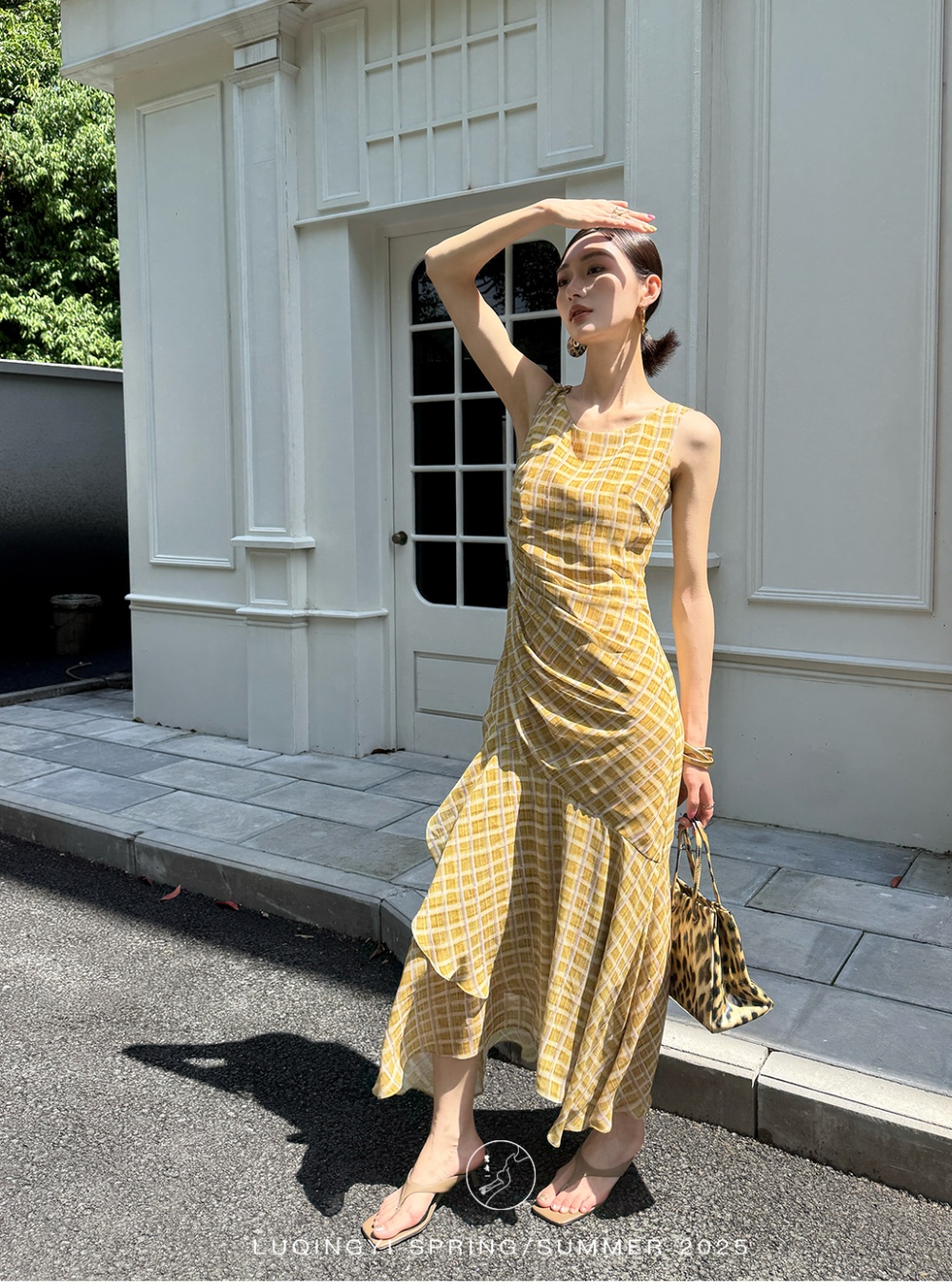 Retro plaid chiffon vest sling printing dress