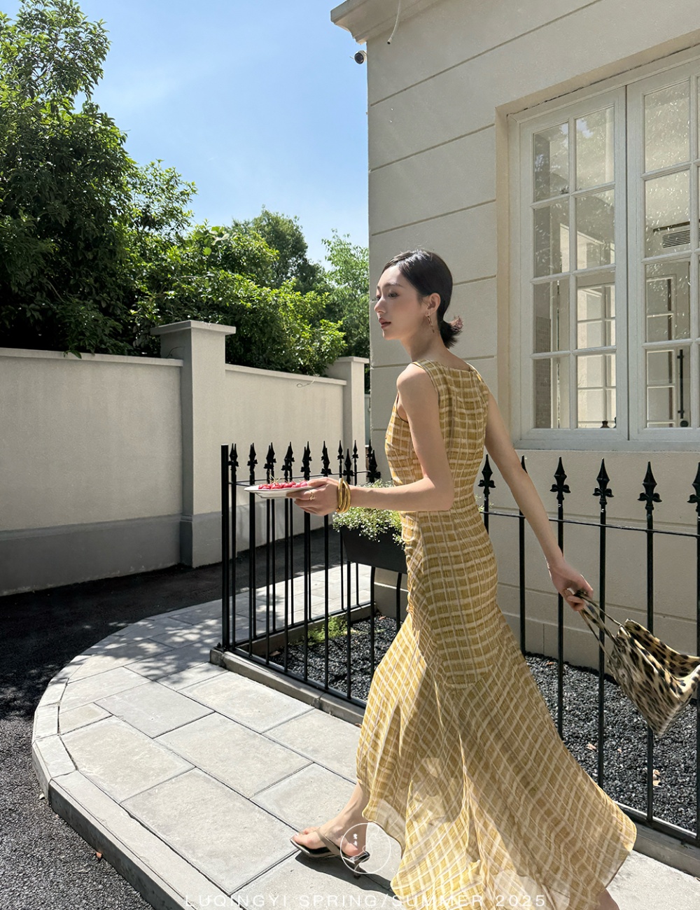 Retro plaid chiffon vest sling printing dress