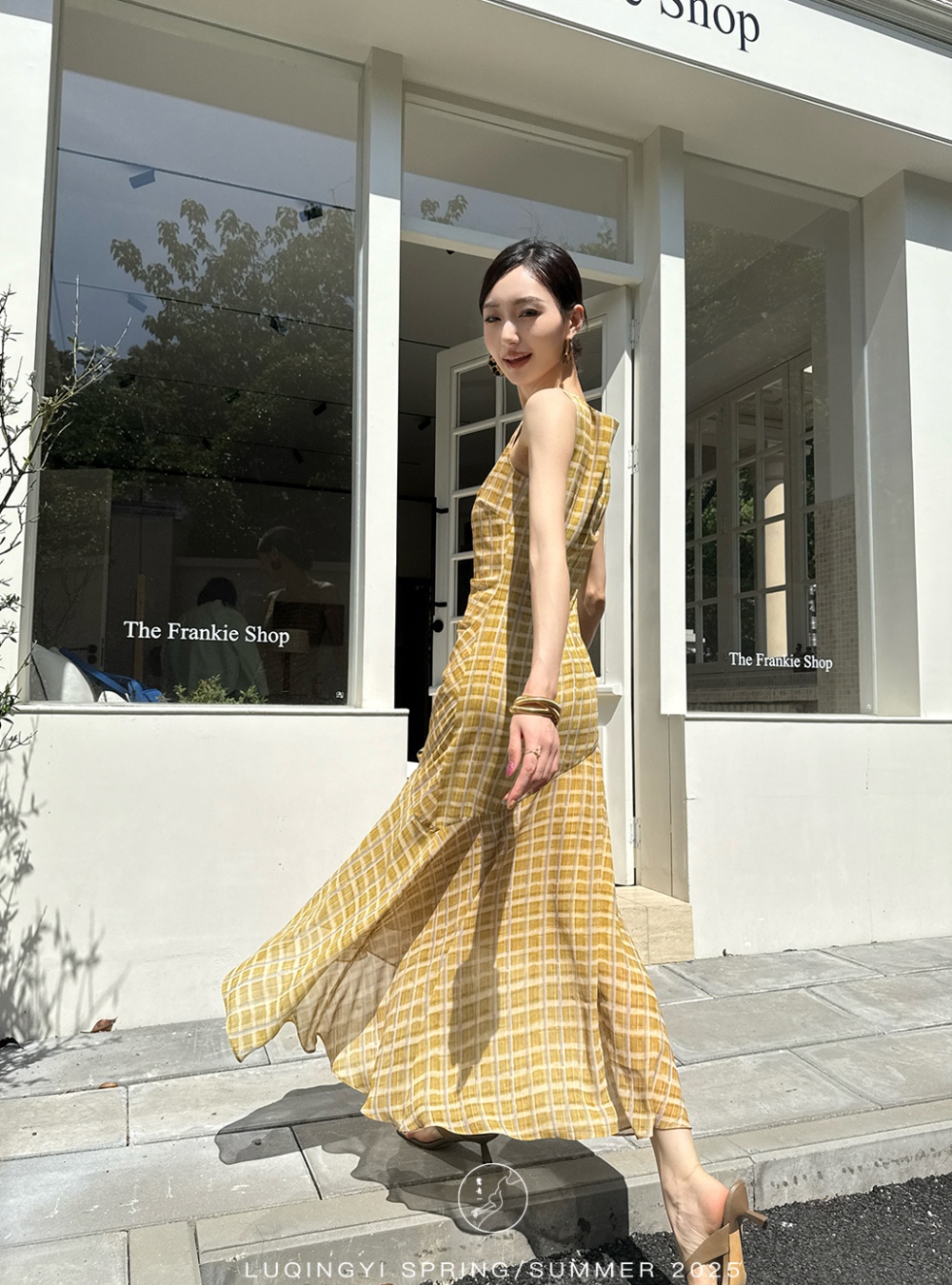 Retro plaid chiffon vest sling printing dress