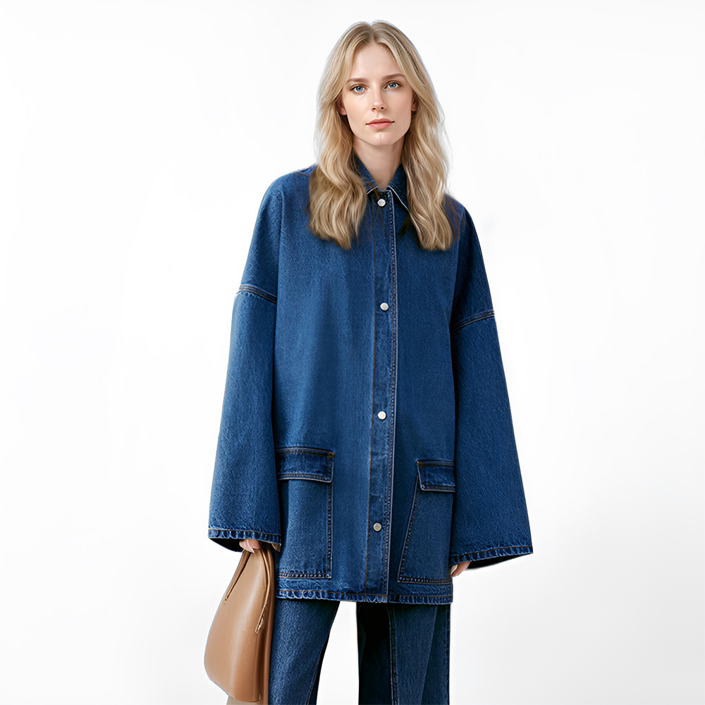 Loose denim single-breasted coat large pockets retro shirt