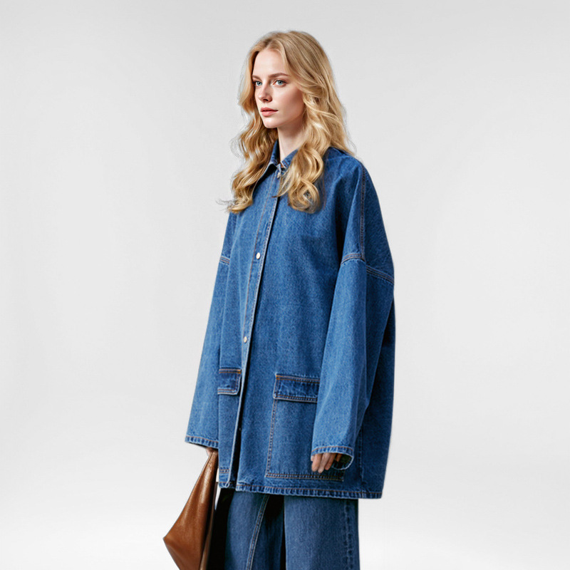 Loose denim single-breasted coat large pockets retro shirt