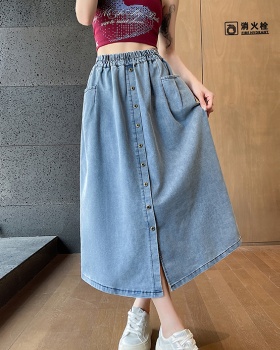 Long multi buckles cotton retro denim slim split skirt
