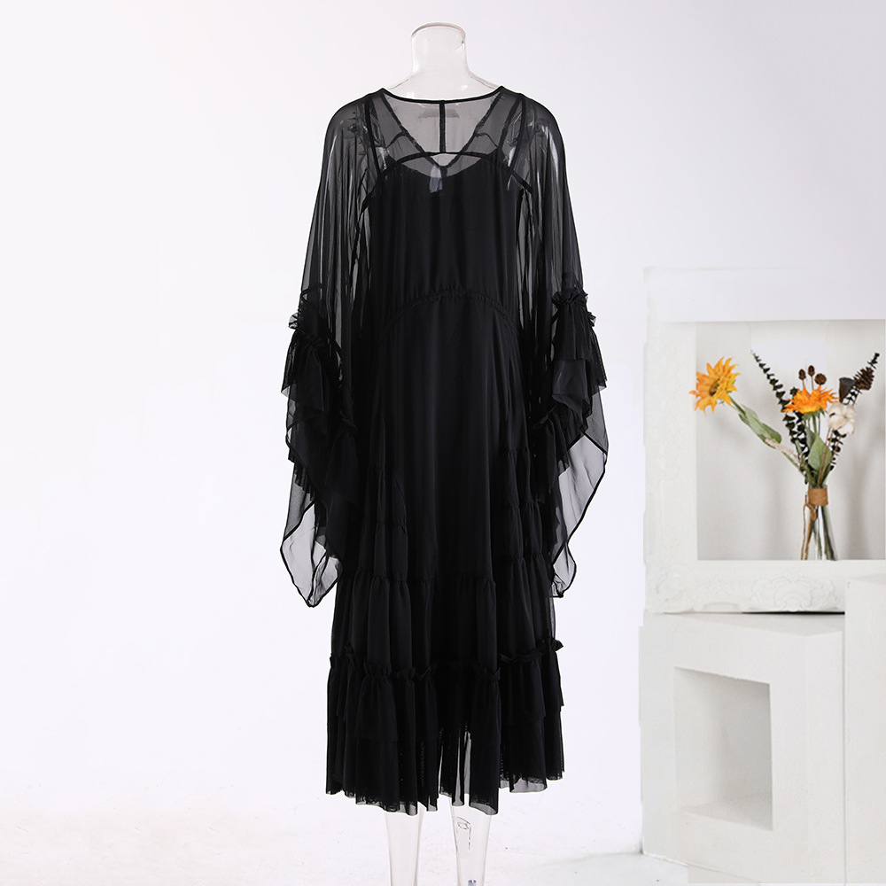Lotus leaf edges long sleeve dress 2pcs set for women