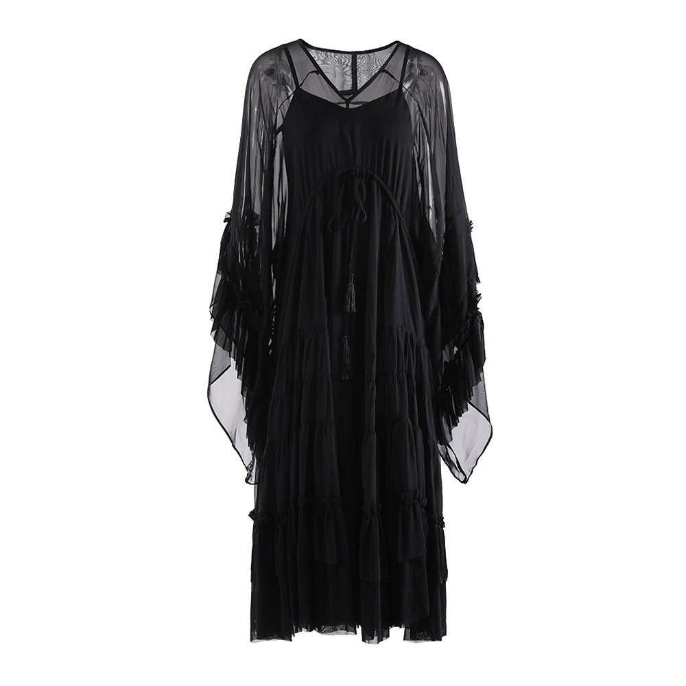 Lotus leaf edges long sleeve dress 2pcs set for women