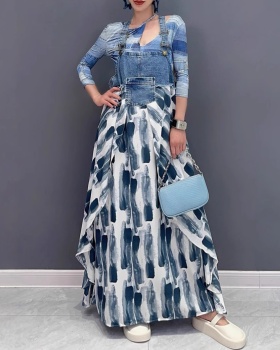 Printing loose summer dress fashion denim strap dress