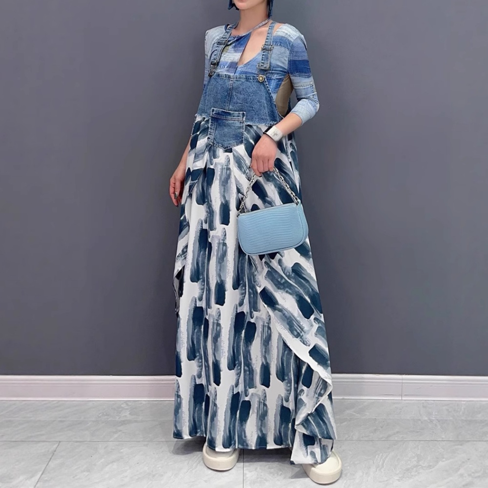 Printing loose summer dress fashion denim strap dress