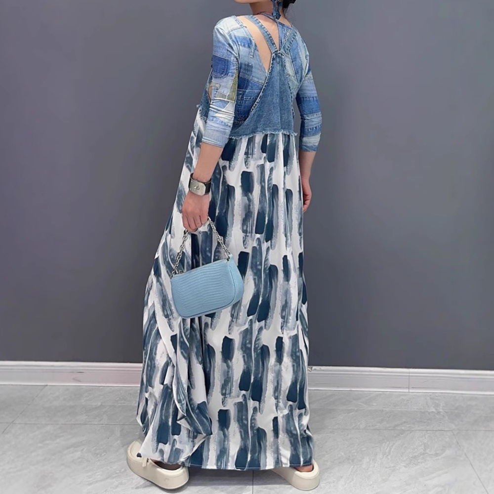 Printing loose summer dress fashion denim strap dress