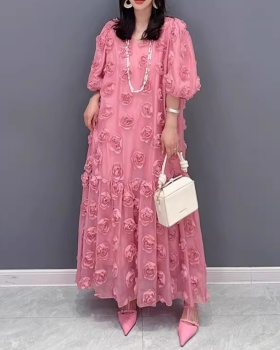 Rose big skirt long dress France style V-neck dress
