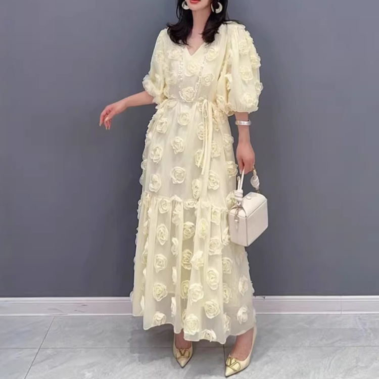 Rose big skirt long dress France style V-neck dress