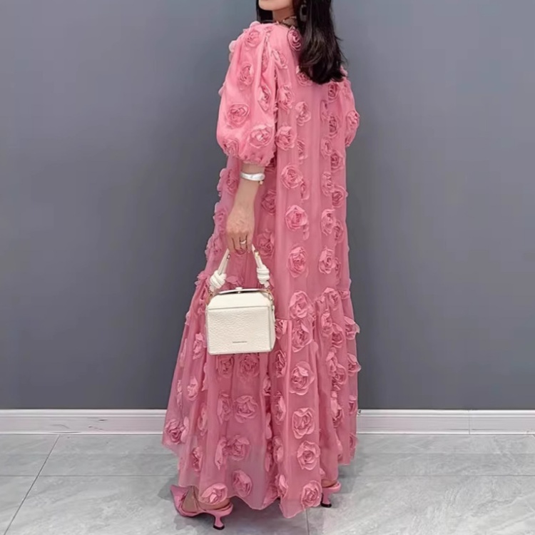 Rose big skirt long dress France style V-neck dress