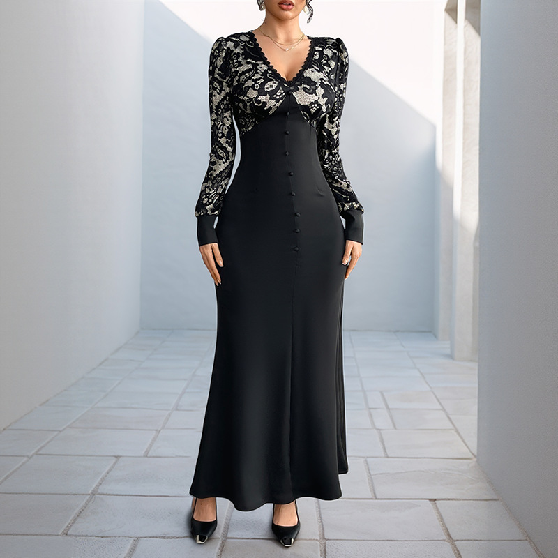 Banquet retro sexy lace long sleeve splice dress