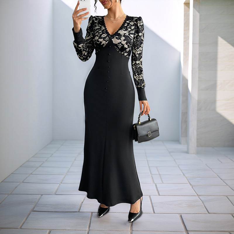 Banquet retro sexy lace long sleeve splice dress
