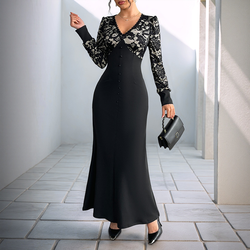Banquet retro sexy lace long sleeve splice dress