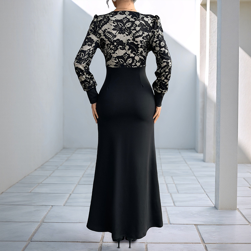 Banquet retro sexy lace long sleeve splice dress