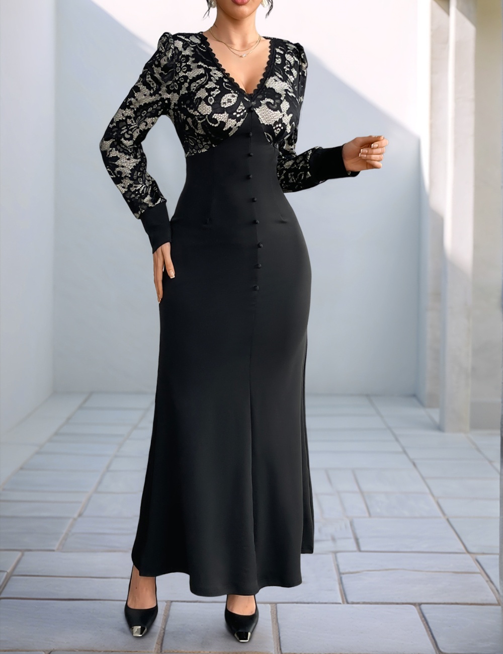 Banquet retro sexy lace long sleeve splice dress