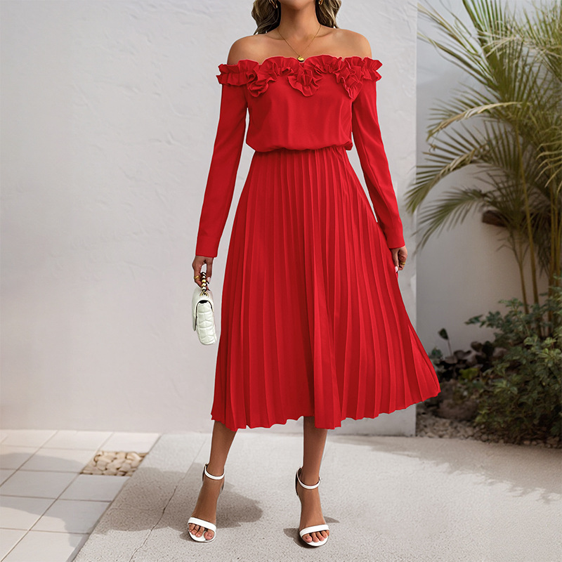 Long sleeve flat shoulder party elegant sweet style pure dress