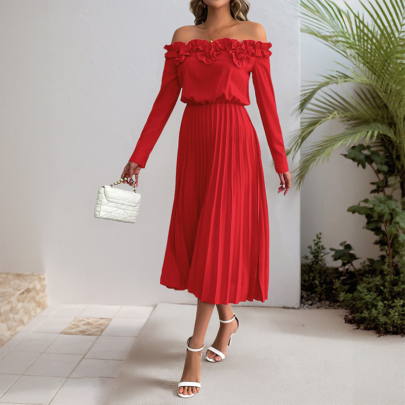Long sleeve flat shoulder party elegant sweet style pure dress