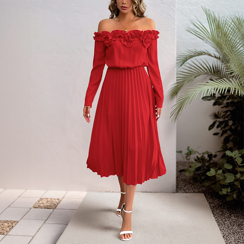 Long sleeve flat shoulder party elegant sweet style pure dress