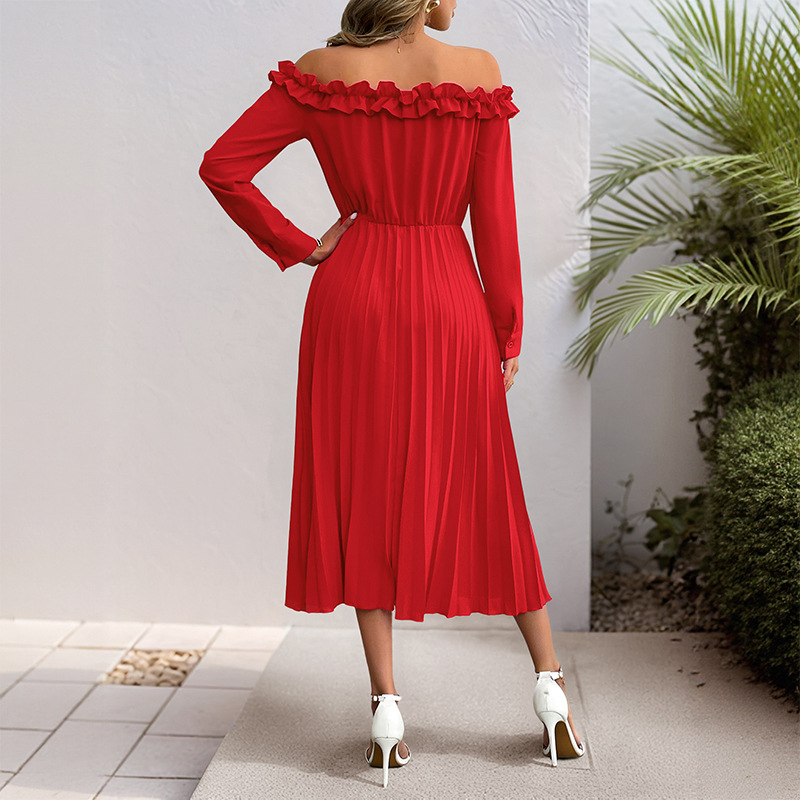 Long sleeve flat shoulder party elegant sweet style pure dress