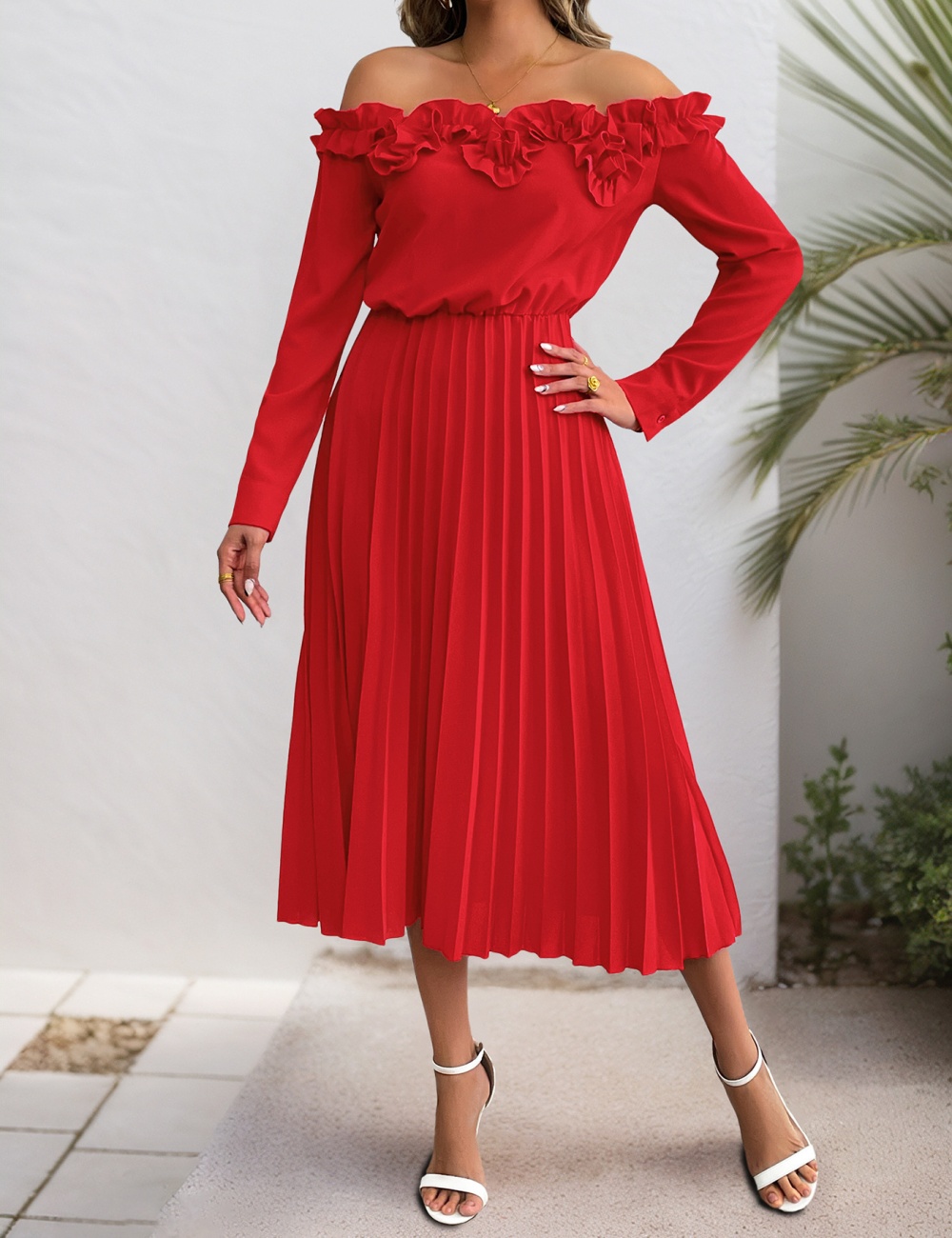 Long sleeve flat shoulder party elegant sweet style pure dress