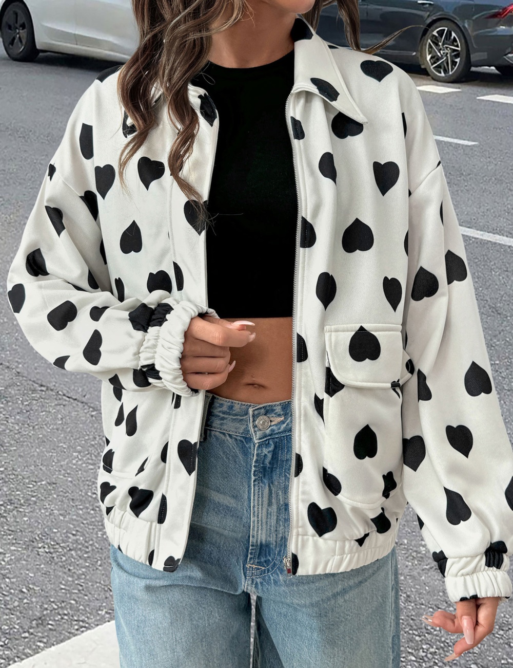 Sweet style street zip jacket lapel heart coat for women
