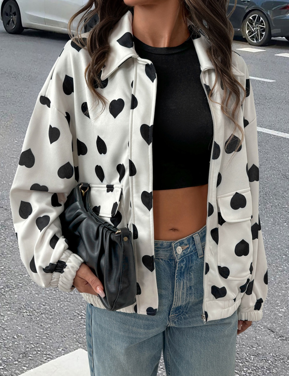 Sweet style street zip jacket lapel heart coat for women